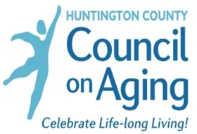 Logo for Huntington County Council on Aging. It features a blue silhouette of a dancing person, with the text "Council on Aging - Celebrate Life-long Living!" in blue letters.