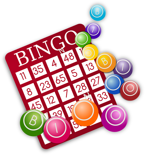 A colorful bingo card with red background, featuring numbers in a grid. Multicolored bingo balls labeled with letters B, I, N, G, and O appear around the card, some overlapping the grid.